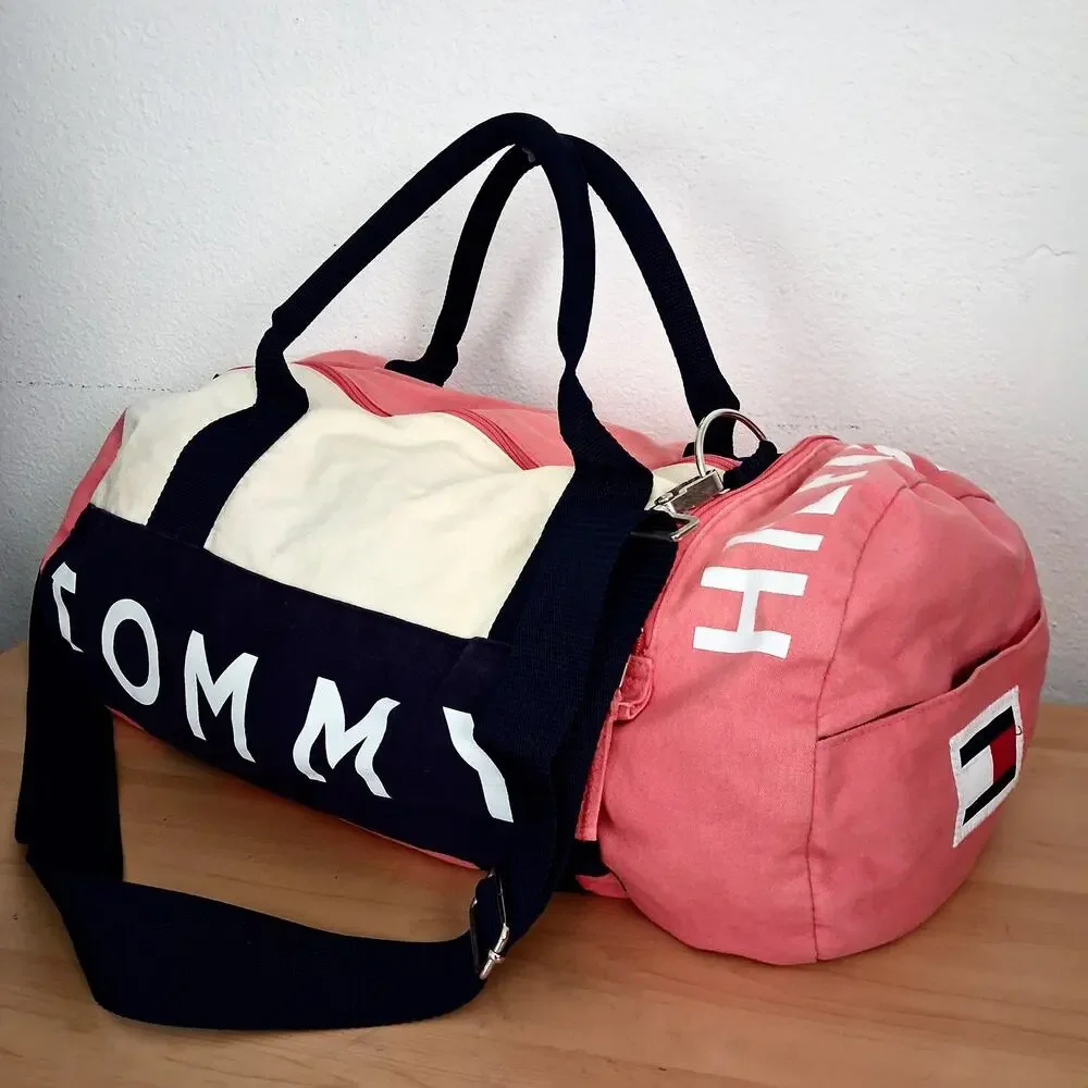 Vintage Tommy Hilfiger Duffle Bag Strap Spell Out Canvas Travel Zipper Pockets